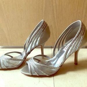 Badgley Mischka silver pumps with crystals